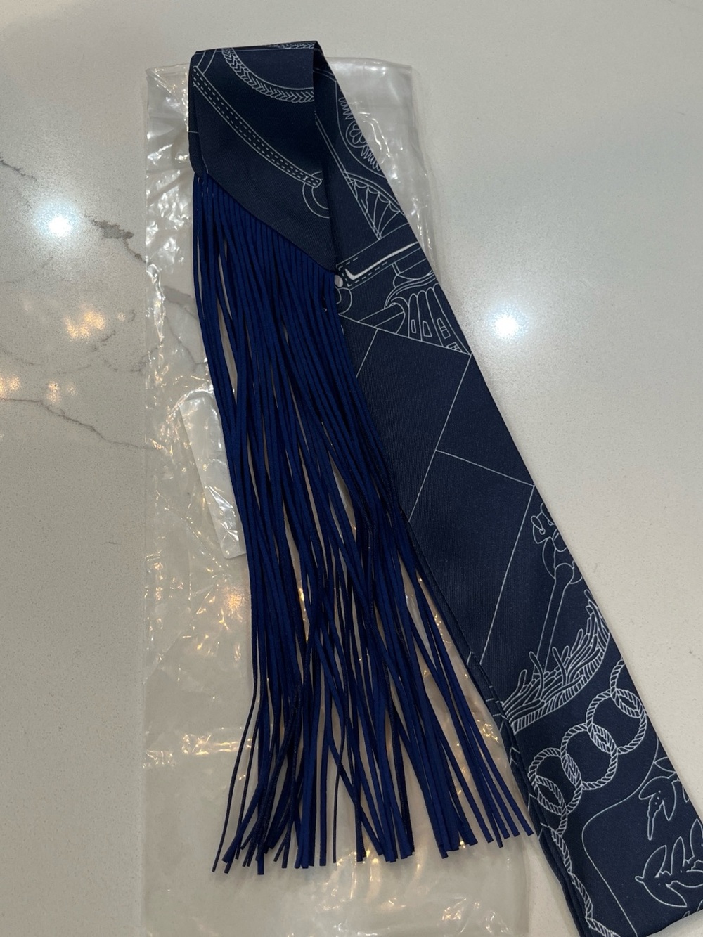 Navy Blue Patterned Silk twilly with Fringe